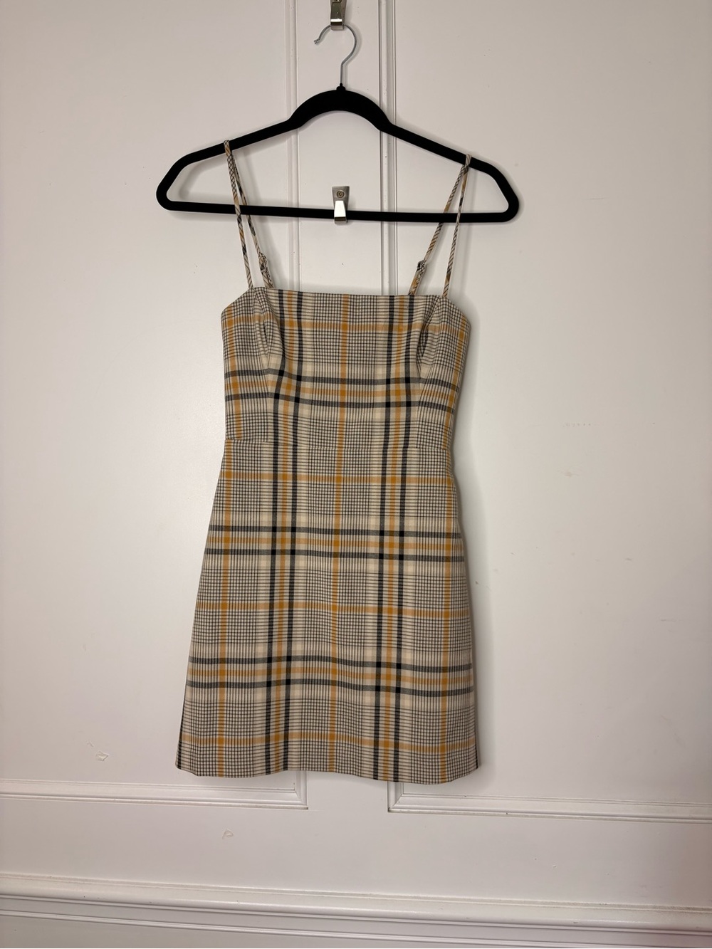 Plaid Spaghetti-Strap Mini Dress in Beige and Mustard